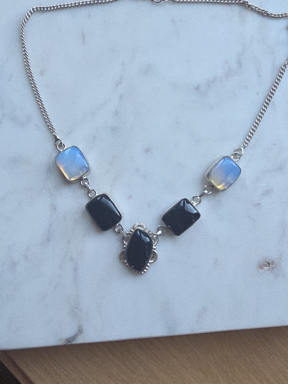 Sterling Silver Necklace with Onyx & Opalite Stones